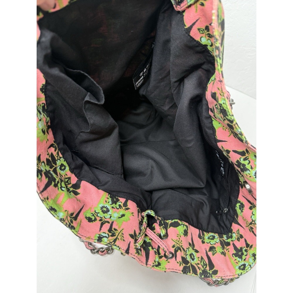 Volcom 2000s Pink Green Floral Large Tote Bag Chain Handles Hobo Beach Casual - Picture 15 of 16